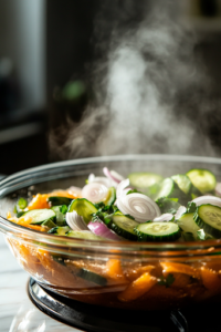 A large glass mixing bowl on the white marble cooktop filled with sliced cucumbers and sweet onions, as the steaming hot vinegar mixture is carefully poured over them. The ingredients glisten as they begin to absorb the pickling liquid.