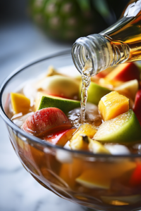 A close-up shot of a bottle of white rum being poured into the punch bowl on the white marble cooktop. The clear liquid blends effortlessly into the vibrant fruit juices, adding a subtle yet spirited touch to the Christmas Punch.