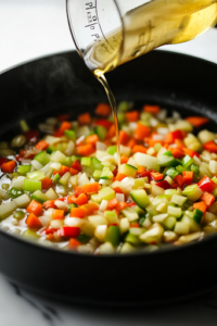 A measuring cup pours white wine into the black pot on the white marble cooktop. The liquid sizzles upon contact, deglazing the pan and lifting flavorful brown bits from the bottom, enriching the stew’s depth of flavor.
