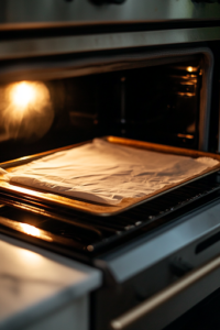 A preheated oven at 375°F (190°C) with a parchment-lined baking sheet resting on the white marble cooktop, ready for assembling the stuffed crescent rolls. The oven light glows warmly, creating a cozy kitchen atmosphere.