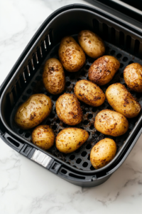 A close-up shot of an air fryer on the white marble cooktop, preheating to 200°C (400°F). The digital display shows a timer set for 3-5 minutes, ensuring the appliance reaches the perfect temperature for crispy, golden baked potatoes.