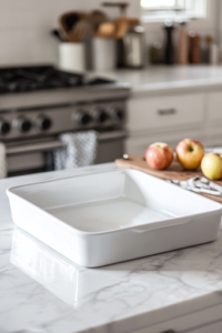 A close-up shot of a preheated oven set to 350°F, with a greased glass baking dish placed on the white marble cooktop. The dish is ready to hold the apples as they bake to perfection."