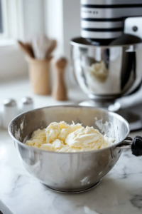 The same stand mixer bowl on the white marble cooktop, with eggs, vanilla extract, flour, baking powder, salt, and milk being incorporated into the batter. The mixture is smooth and thick, ready for layering with the cinnamon-coated apples.