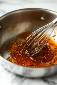 A close-up shot of a shiny stainless steel saucepan on a white marble cooktop, where butter is melting over low heat. Hot sauce, Worcestershire sauce, minced garlic, and poppy seeds are being whisked in, creating a rich and flavorful glaze for the sliders.