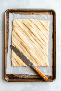 An overhead shot of a parchment-lined baking sheet with a sheet of puff pastry rolled out. A sharp knife is making diagonal cuts along both edges, preparing it for braiding.