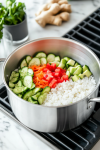 A close-up shot of a stainless steel pot on a white marble cooktop, with freshly cooked rice and neatly arranged toppings—including sliced cucumber, creamy avocado, and tangy pickled ginger—prepped and ready for the Spicy Sesame Chicken Rice Bowl.