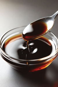 Close-up of a small bowl with the prepared Kung Pao sauce: a glossy mix of light and dark soy sauce, rice wine vinegar, sugar, water, and cornstarch. A spoon lifts the thick sauce, showing its rich texture