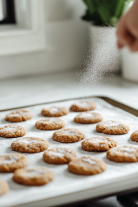 A close-up of a parchment-lined baking sheet resting on the white marble cooktop, with unbaked spiced currant cookies neatly arranged in rows. A fine dusting of caster sugar is being sprinkled over the top, adding a hint of sweetness before baking.