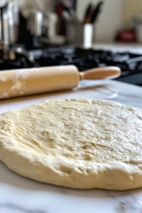 A close-up of the white marble cooktop, as the risen pizza dough is punched down. A rolling pin begins flattening it into an even round shape, preparing it for topping and baking.