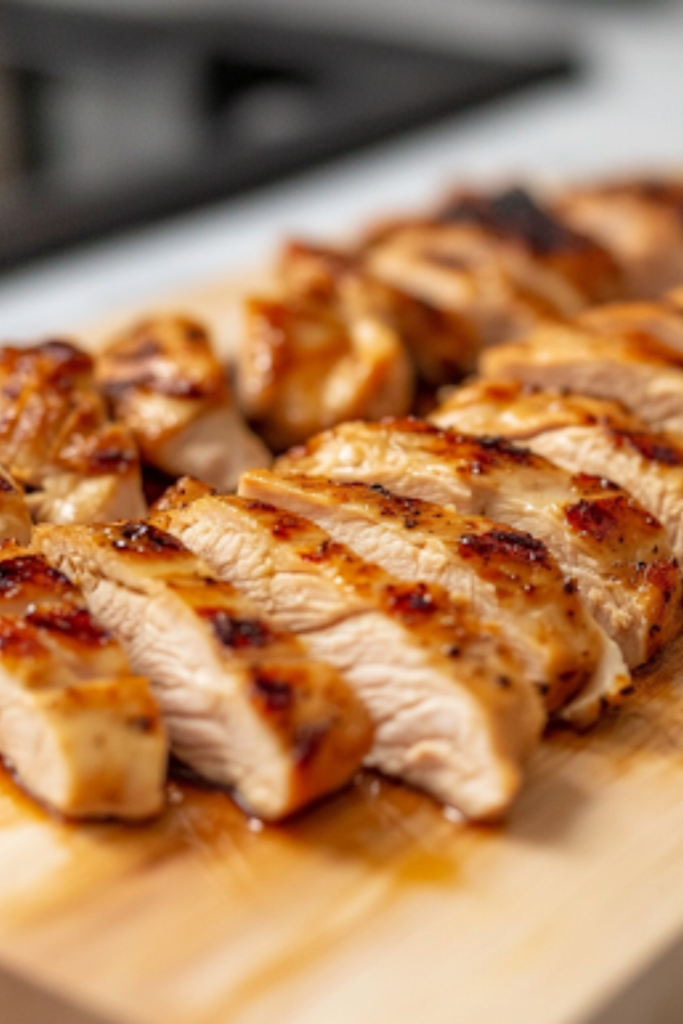 A close-up shot of a wooden cutting board on a white marble cooktop, where the juicy, perfectly seasoned chicken is being sliced into thin strips. Each piece is tender, revealing a well-cooked, flavorful interior, ready to be served in tacos, bowls, or burritos.