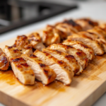 A close-up shot of a wooden cutting board on a white marble cooktop, where the juicy, perfectly seasoned chicken is being sliced into thin strips. Each piece is tender, revealing a well-cooked, flavorful interior, ready to be served in tacos, bowls, or burritos.