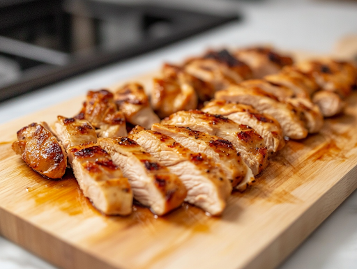 A close-up shot of a wooden cutting board on a white marble cooktop, where the juicy, perfectly seasoned chicken is being sliced into thin strips. Each piece is tender, revealing a well-cooked, flavorful interior, ready to be served in tacos, bowls, or burritos.