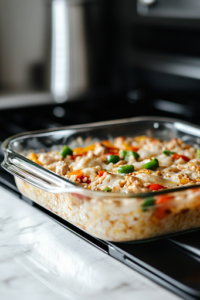A close-up shot of a glass baking dish on a white marble cooktop, with the foil removed from the Chicken Fajita Rice Casserole, revealing bubbly, golden melted cheese after an additional 10 minutes of baking for a perfect crust.