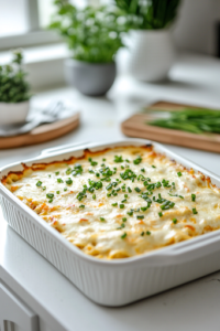 A freshly baked Buffalo chicken lasagna in a baking dish, golden and bubbly, with melted cheese forming crispy edges. A hand gently lifts the foil, revealing the rich, cheesy layers beneath.