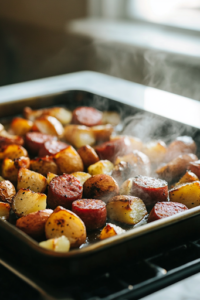 A close-up of the baking sheet on a white marble cooktop, as the perfectly roasted kielbasa and potatoes are removed from the oven. Steam rises from the crispy, golden-brown pieces, ready to cool slightly before serving.