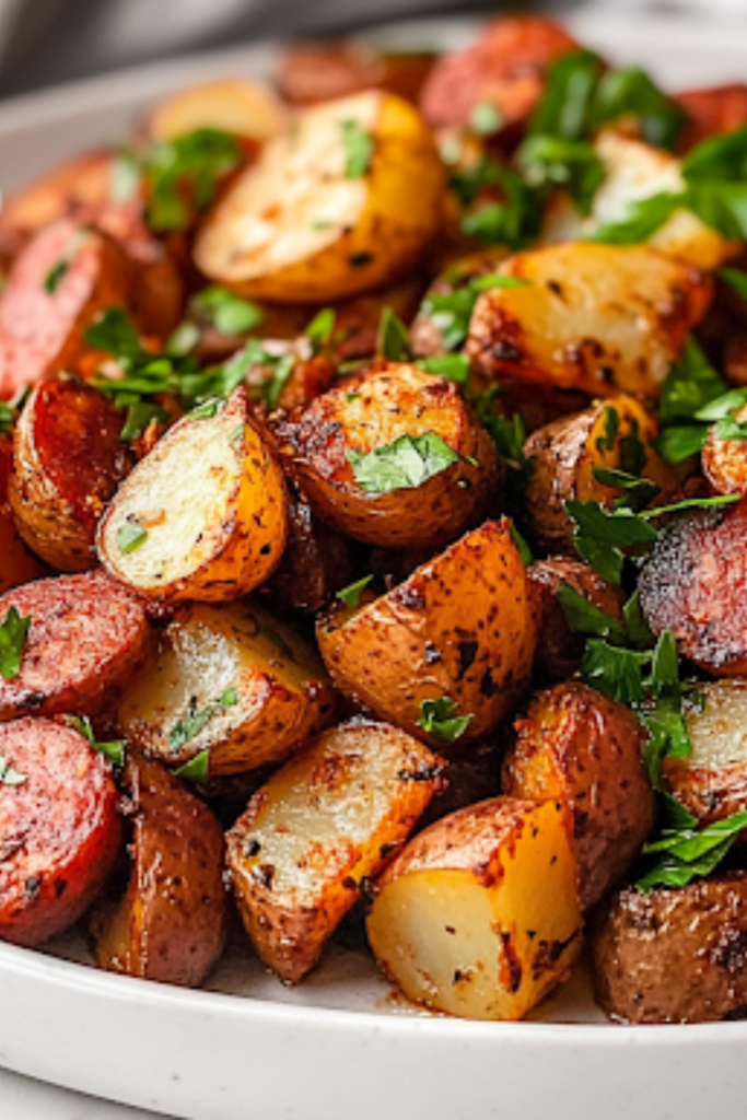 A close-up of a serving platter on a white marble cooktop, beautifully arranged with golden-brown roasted potatoes and caramelized kielbasa. Fresh parsley is sprinkled on top, adding color and a burst of freshness, ready to be served hot.