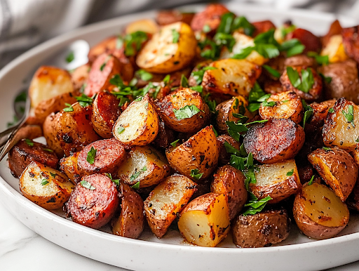 A close-up of a serving platter on a white marble cooktop, beautifully arranged with golden-brown roasted potatoes and caramelized kielbasa. Fresh parsley is sprinkled on top, adding color and a burst of freshness, ready to be served hot.