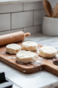 A close-up of a wooden cutting board on a white marble cooktop, with refrigerated biscuit dough pieces neatly laid out. A rolling pin rests nearby, slightly flattening one piece of dough, preparing it for wrapping the filling.