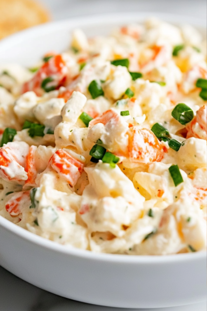 Close-up of the finished crab salad in a serving bowl on the white marble cooktop, garnished and ready to be served with crackers or toast.