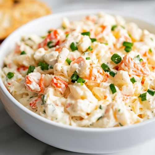 Close-up of the finished crab salad in a serving bowl on the white marble cooktop, garnished and ready to be served with crackers or toast.