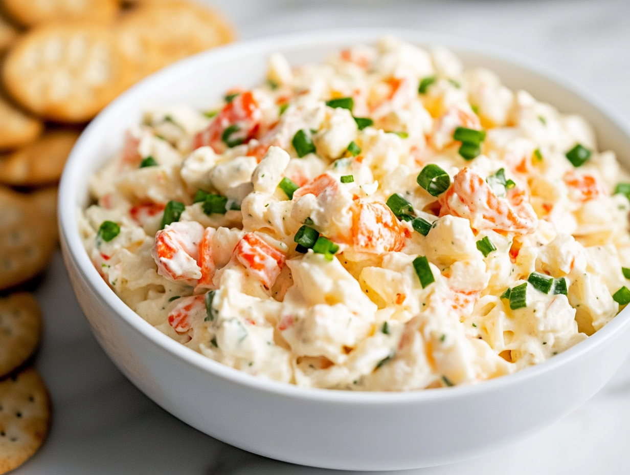 Close-up of the finished crab salad in a serving bowl on the white marble cooktop, garnished and ready to be served with crackers or toast.