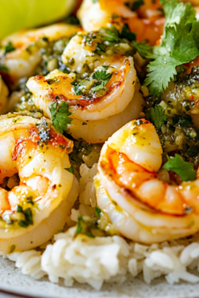A beautifully plated dish of shrimp with salsa verde over a bed of rice, garnished with freshly chopped cilantro and a lime wedge. A refreshing cucumber salad sits in the background, completing the meal.