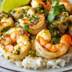 A beautifully plated dish of shrimp with salsa verde over a bed of rice, garnished with freshly chopped cilantro and a lime wedge. A refreshing cucumber salad sits in the background, completing the meal.