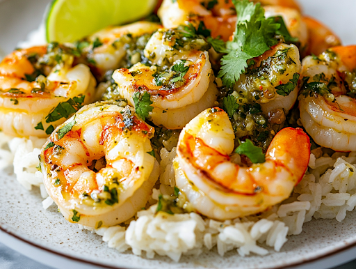 A beautifully plated dish of shrimp with salsa verde over a bed of rice, garnished with freshly chopped cilantro and a lime wedge. A refreshing cucumber salad sits in the background, completing the meal.