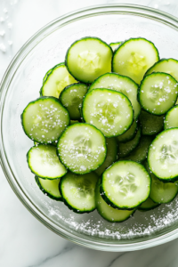 A glass mixing bowl on the white marble cooktop filled with freshly sliced cucumbers, generously sprinkled with salt. Tiny water droplets form on the surface as the cucumbers begin releasing excess moisture, preparing them for the salad.