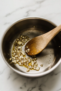 A shiny stainless steel saucepan on a white marble cooktop heating sesame oil, where minced garlic sizzles and releases a rich aroma. A wooden spoon gently stirs the garlic, ensuring even cooking for the flavorful sauce.