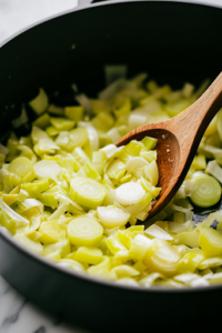 A close-up shot of a large black pot on a white marble cooktop, where butter is melting. Sliced leeks are being sautéed inside, releasing a fragrant aroma. A wooden spoon gently stirs the leeks as they soften, preparing the base of the soup.