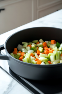 The black pot on the white marble cooktop is now filled with sautéing onions, diced carrots, celery, and finely chopped red bell pepper. The vegetables glisten in the oil as they soften, enhancing their natural sweetness and aroma.
