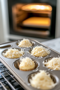 A close-up of a glass mixing bowl on a white marble cooktop as a spoon scoops the cheesy mashed potato mixture into the muffin tin. Each cup is carefully filled about three-quarters full, ensuring even baking.
