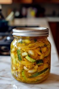 Sealed glass jars filled with freshly made sweet pickles, resting on the white marble cooktop. Condensation is visible inside the jars, showing the freshness of the pickles, which are now ready for refrigeration and storage.