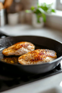A black cast-iron skillet on the white marble cooktop, with two golden-brown seared chicken breasts sizzling in hot olive oil. A spatula is nearby, ready to flip them.
