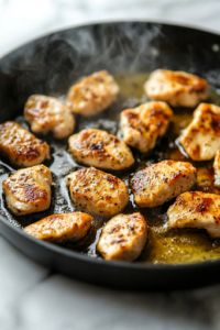 A black skillet on the white marble cooktop, sizzling with a blend of olive oil and melted butter. Golden-brown chicken medallions are searing, with crispy edges forming. Steam rises as the chicken cooks to perfection, filling the kitchen with rich aromas.