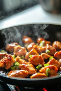 A black skillet on a white marble cooktop sizzles with marinated chicken thighs as they sear to a golden brown. Steam rises from the pan while a spatula rests nearby, ready for flipping.