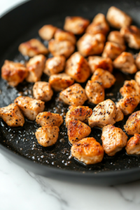 A close-up shot of the same black skillet on a white marble cooktop, where bite-sized chicken pieces are sizzling. The chicken is seasoned with dry ranch seasoning and is seared until golden brown with a slightly crisp exterior, ensuring tenderness and flavor for the Chicken Pasta with Creamy Ranch Sauce.