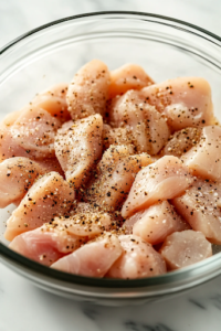 A close-up shot of a glass bowl on a white marble cooktop, containing raw chicken chunks being seasoned. Salt, black pepper, garlic powder, onion powder, and Italian seasoning are sprinkled evenly over the pieces, enhancing their flavor before cooking