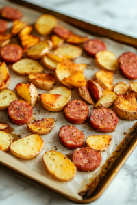 A close-up of a parchment-lined baking sheet on a white marble cooktop, with seasoned potato slices and kielbasa rings evenly spread in a single layer. The arrangement ensures even roasting and crispiness.