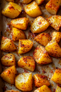 A close-up shot of a baking sheet lined with parchment paper, with the seasoned Yukon Gold potatoes spread in a single layer. The deep red paprika contrasts beautifully against the golden cubes, preparing them for even roasting.