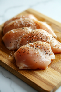 Raw boneless, skinless chicken breasts rest on a wooden cutting board over a white marble cooktop. A hand sprinkles salt and black pepper evenly over the chicken, ensuring even seasoning before cooking.