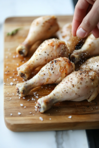 A close-up shot of a wooden cutting board on a white marble cooktop, where fresh chicken drumsticks are neatly arranged. A hand sprinkles salt and black pepper evenly over the chicken, ensuring it is well-seasoned before being coated in the flavorful glaze.