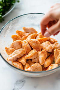 A glass mixing bowl sits on a white marble cooktop, filled with raw chicken chunks generously seasoned with paprika and salt. A hand gently tosses the pieces, ensuring each one is evenly coated with the seasoning.