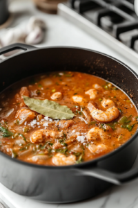 The gumbo simmers gently inside the black pot on the white marble cooktop. Cajun seasoning, salt, and pepper are sprinkled in, enhancing the rich flavors, while a bay leaf floats on top, infusing the dish with aromatic depth.