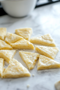 A white countertop on the white marble cooktop holds a sheet of unrolled crescent roll dough, carefully separated into triangular pieces, neatly arranged and ready for stuffing.