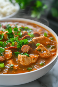 A steaming bowl of Louisiana-style chicken and sausage gumbo is served over fluffy white rice. Fresh parsley and green onions are sprinkled on top, adding a vibrant contrast, while a spoon rests in the bowl, ready for the first delicious bite.