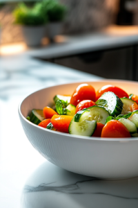 A close-up view of the fresh tomato cucumber salad served in a white ceramic bowl on a white marble cooktop. The vibrant red, green, and white colors shine under soft lighting, making it a refreshing dish ready to be enjoyed.