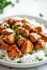 A serving plate sits on a white marble cooktop, featuring Honey Bourbon Chicken arranged over fluffy white rice. A drizzle of extra sauce pools around the edges, while fresh herbs are sprinkled on top for a vibrant garnish.