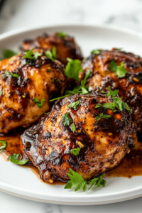 The finished Instant Pot Jerk Chicken is beautifully plated on a white dish over a white marble cooktop. The caramelized, glossy sauce coats each piece of chicken, garnished with fresh herbs for a vibrant, flavorful presentation.